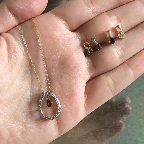 14k Yellow Gold 5 Gemstone Tear Drop Necklace - Picture 7 of 10